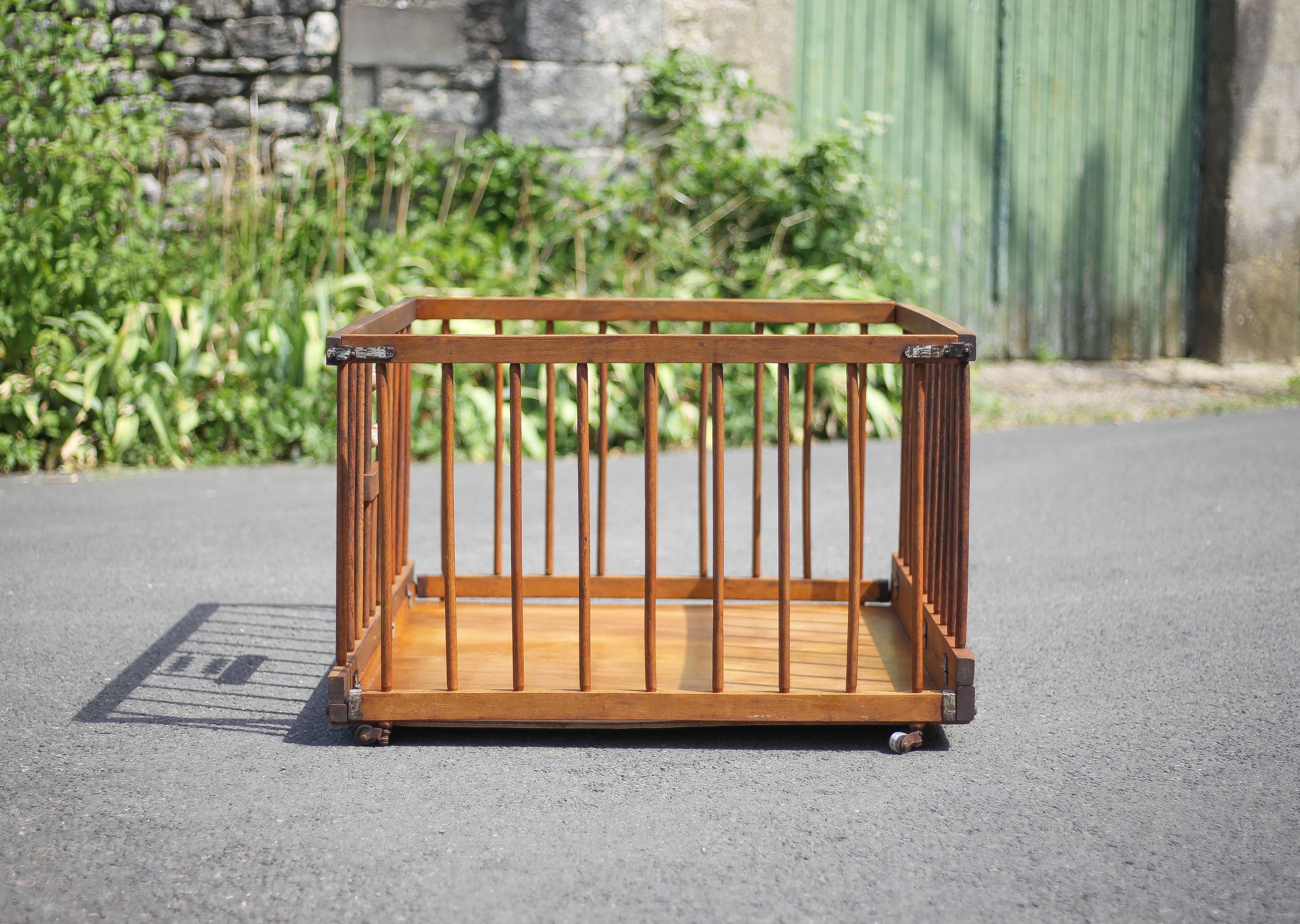 Folding wooden baby park on wheels, vintage park
