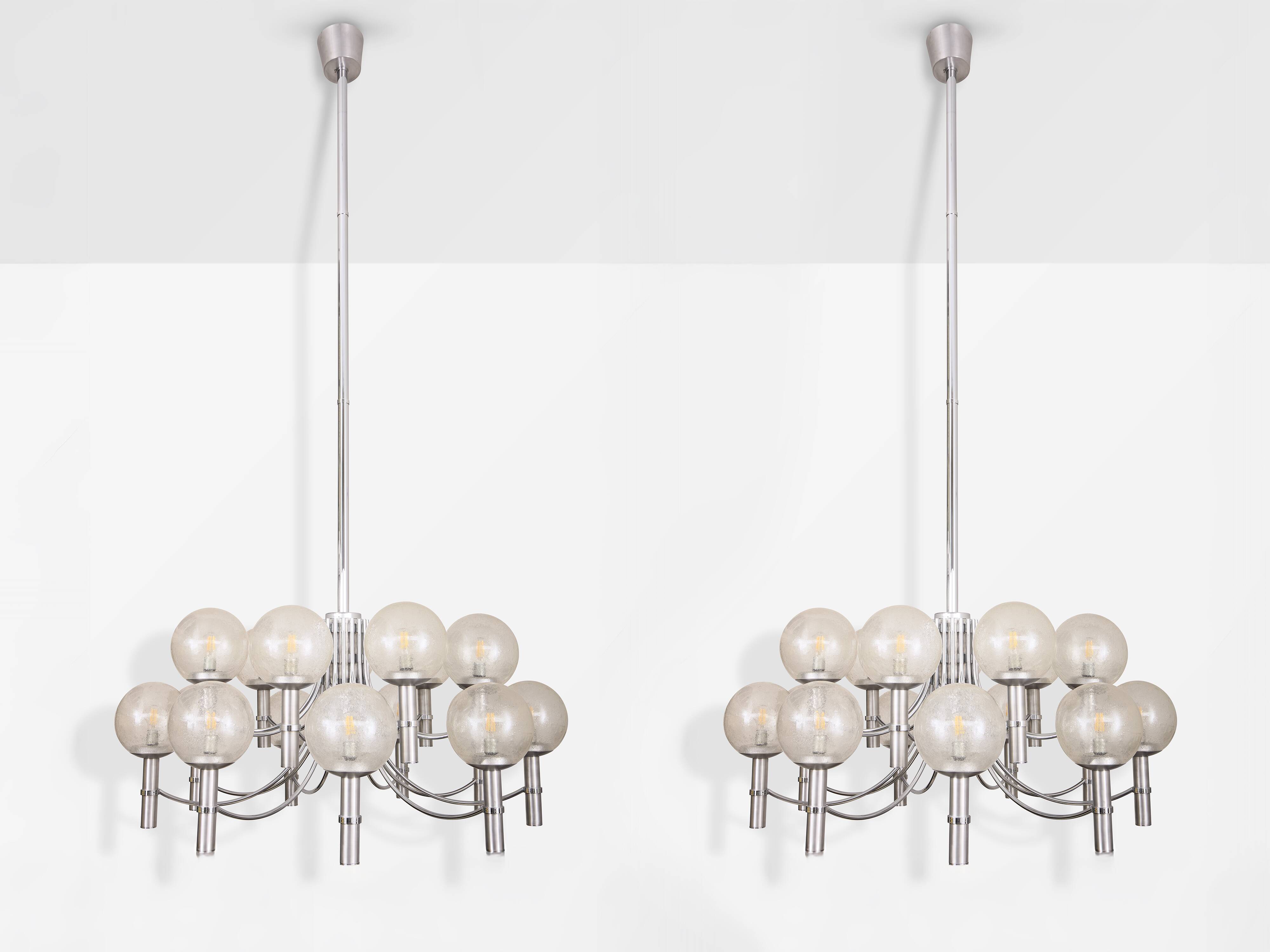 Pair of Veronese chandeliers 165 cms steel glass Murano circa 1970