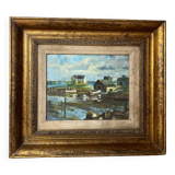 Oil on canvas, seaport scene