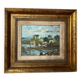 Huile sur toile, scène de port maritime