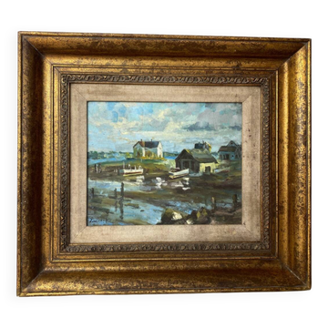 Oil on canvas, seaport scene