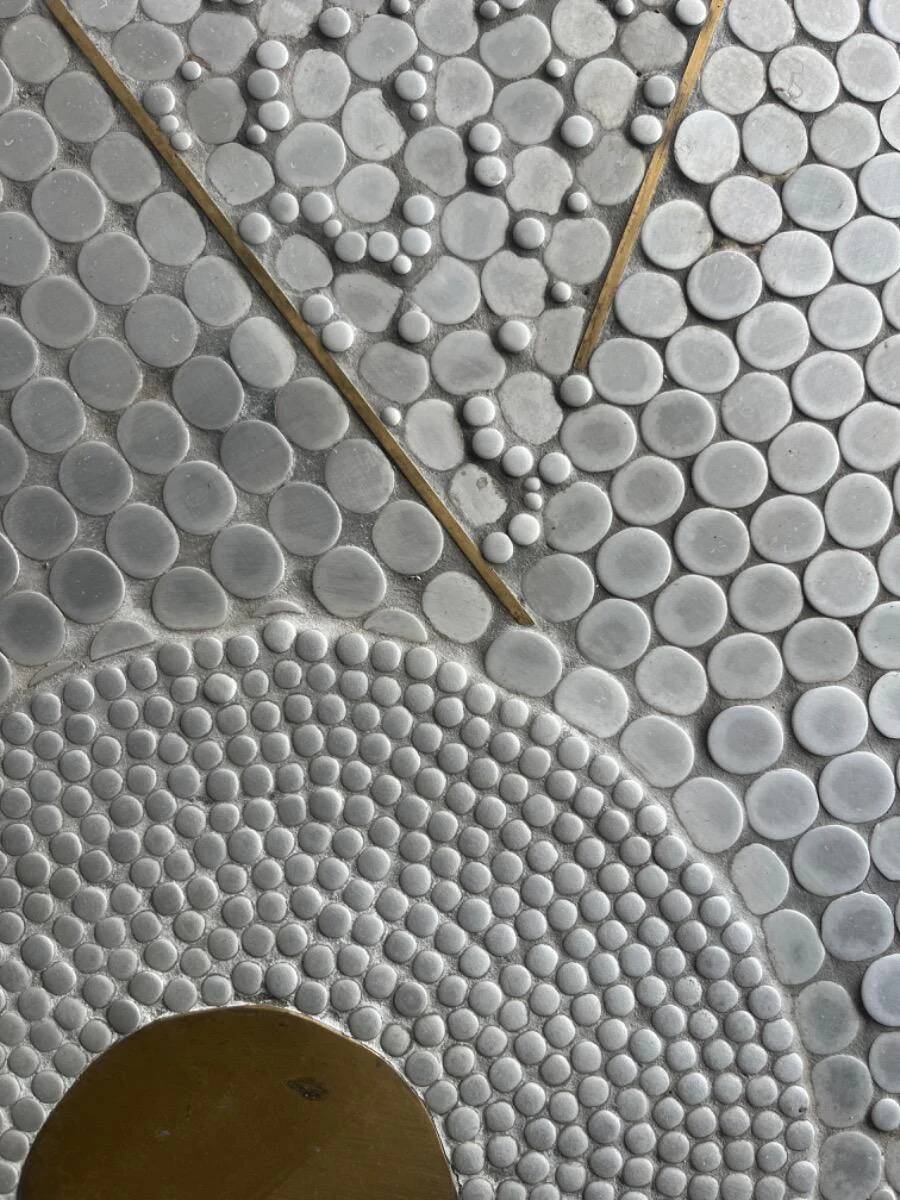 Grey ceramic mosaic top coffee table with dark wood base and brass accents, 1970s