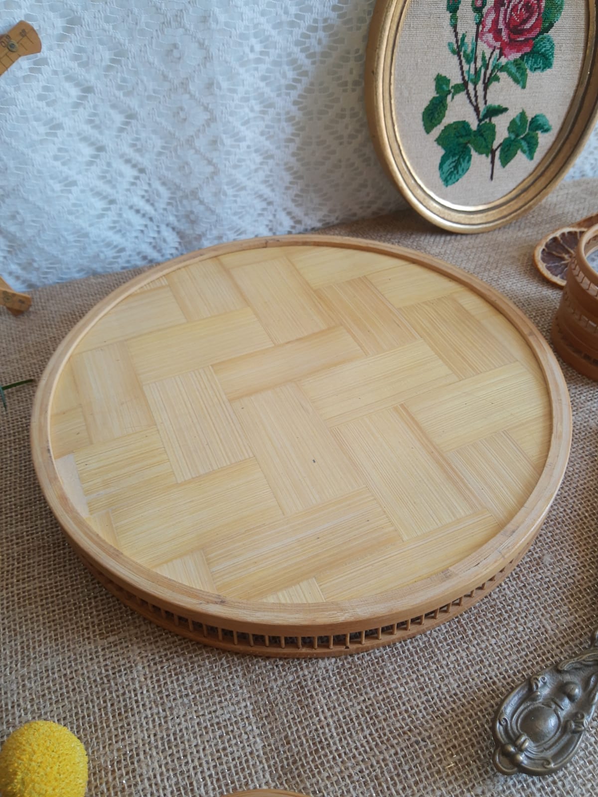 Set tray and 6 under glass bamboo vintage butterflies