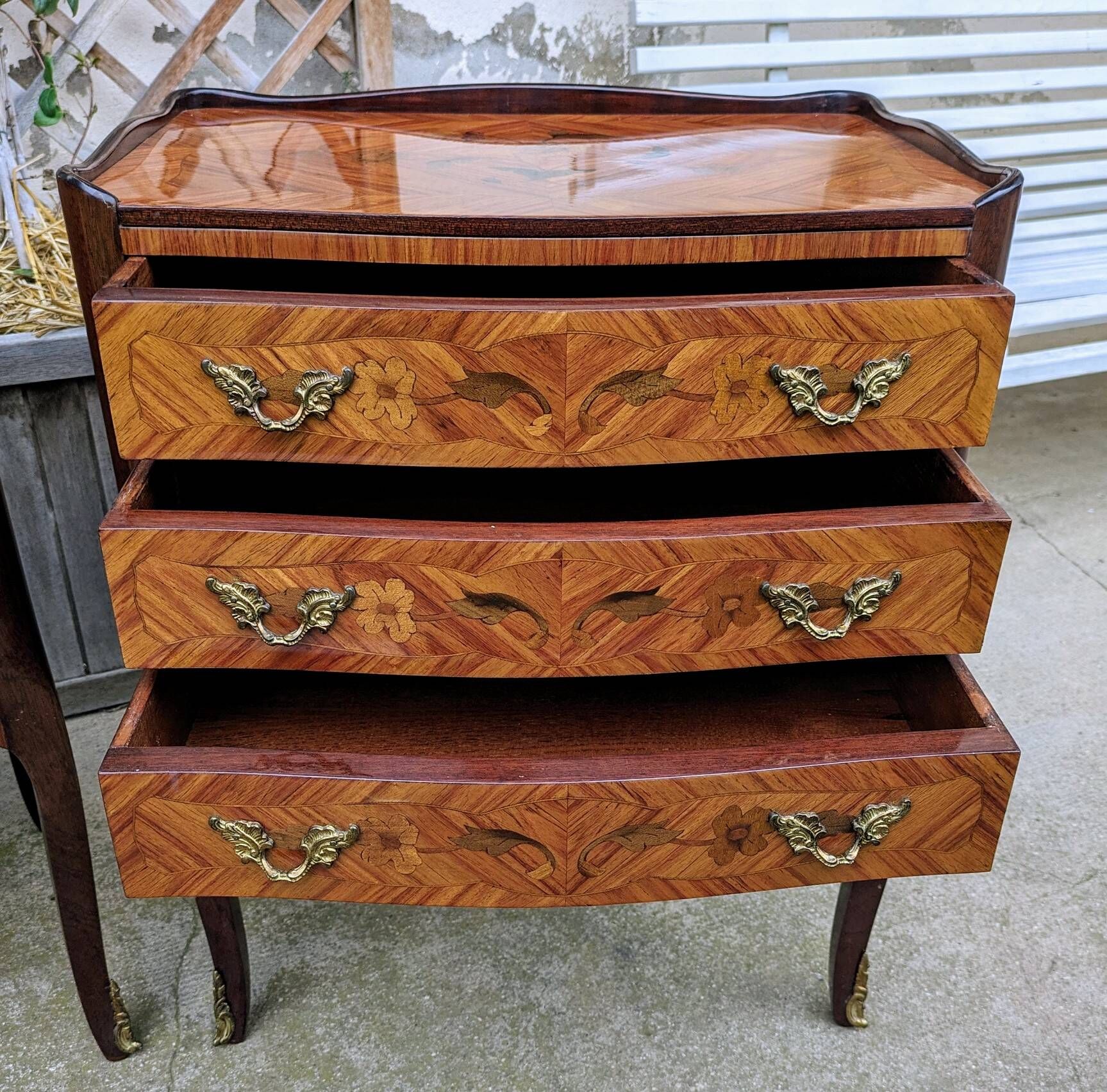 Old pair of large bedside tables in rosewood marquetry Louis XV Style