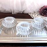 Trio of salt shakers, pepper shakers, molded glass salt shakers