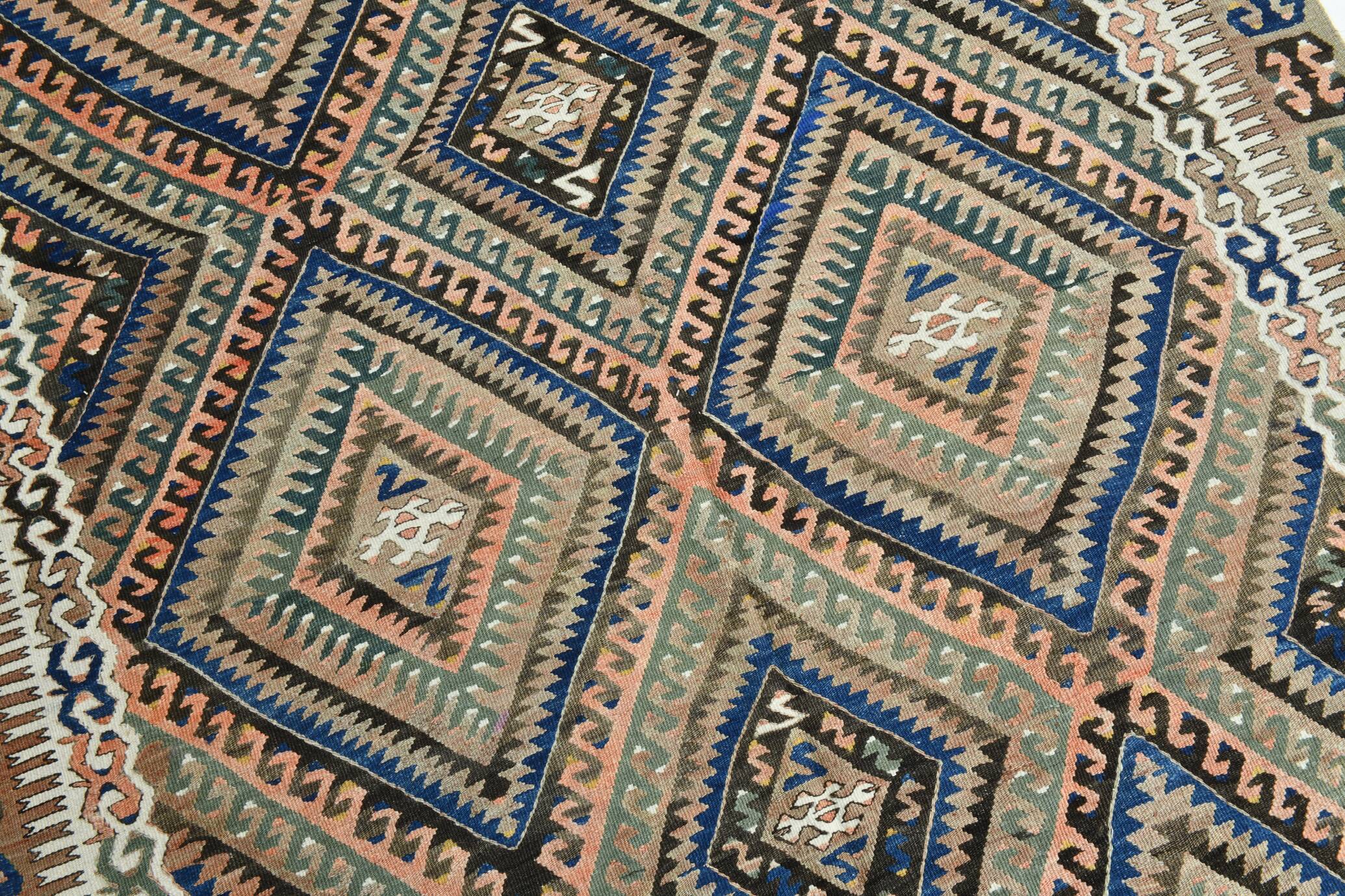 5x9 Kilim Anatolian Carpet, Handwoven Wool Rug, Blue Details Rug, 154x275Cm