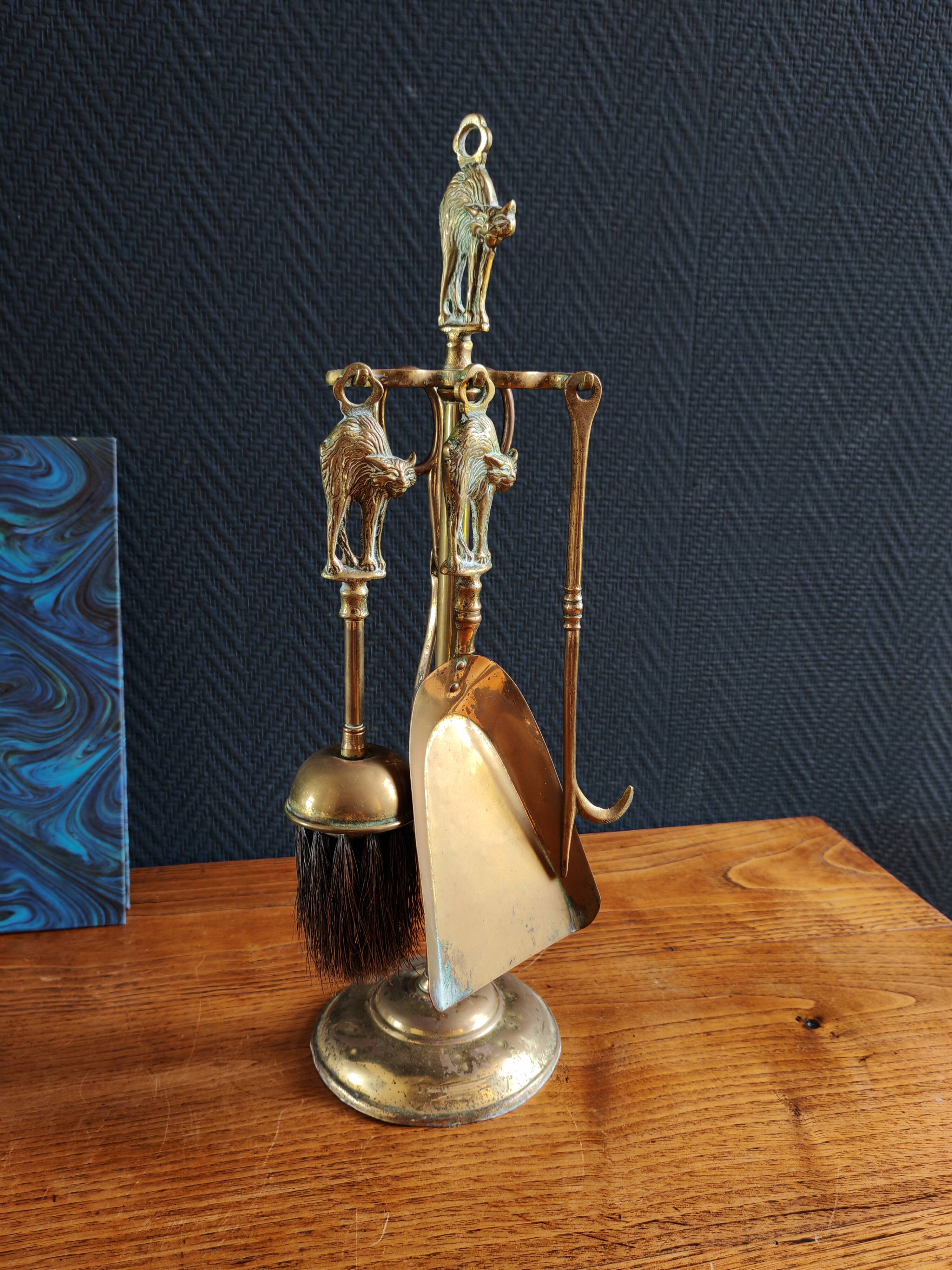 Vintage Brass Fireplace Tools Cat Decor