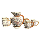 6 tasses+cruche assorti terre de fer k&g decor peint emailfleurs cerisiers