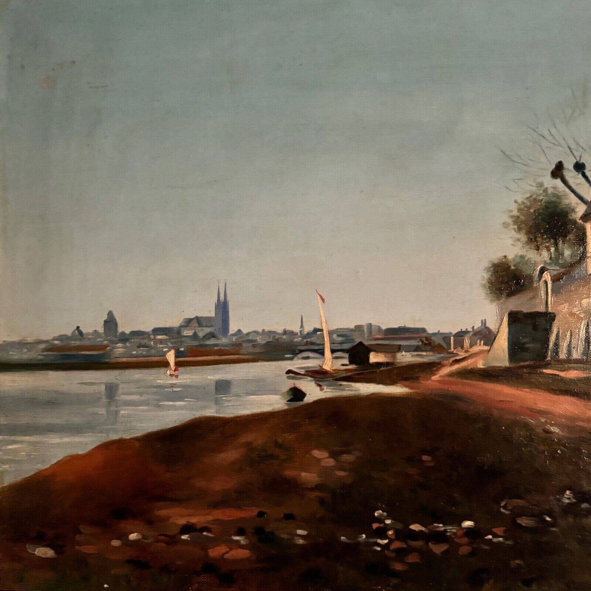 Oil on canvas riverside late 19th century monogram AT