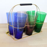 Set of 6 coloured glasses with brass base/basket