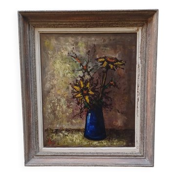 Expressionist flower bouquet in a blue vase around 1960; 1970