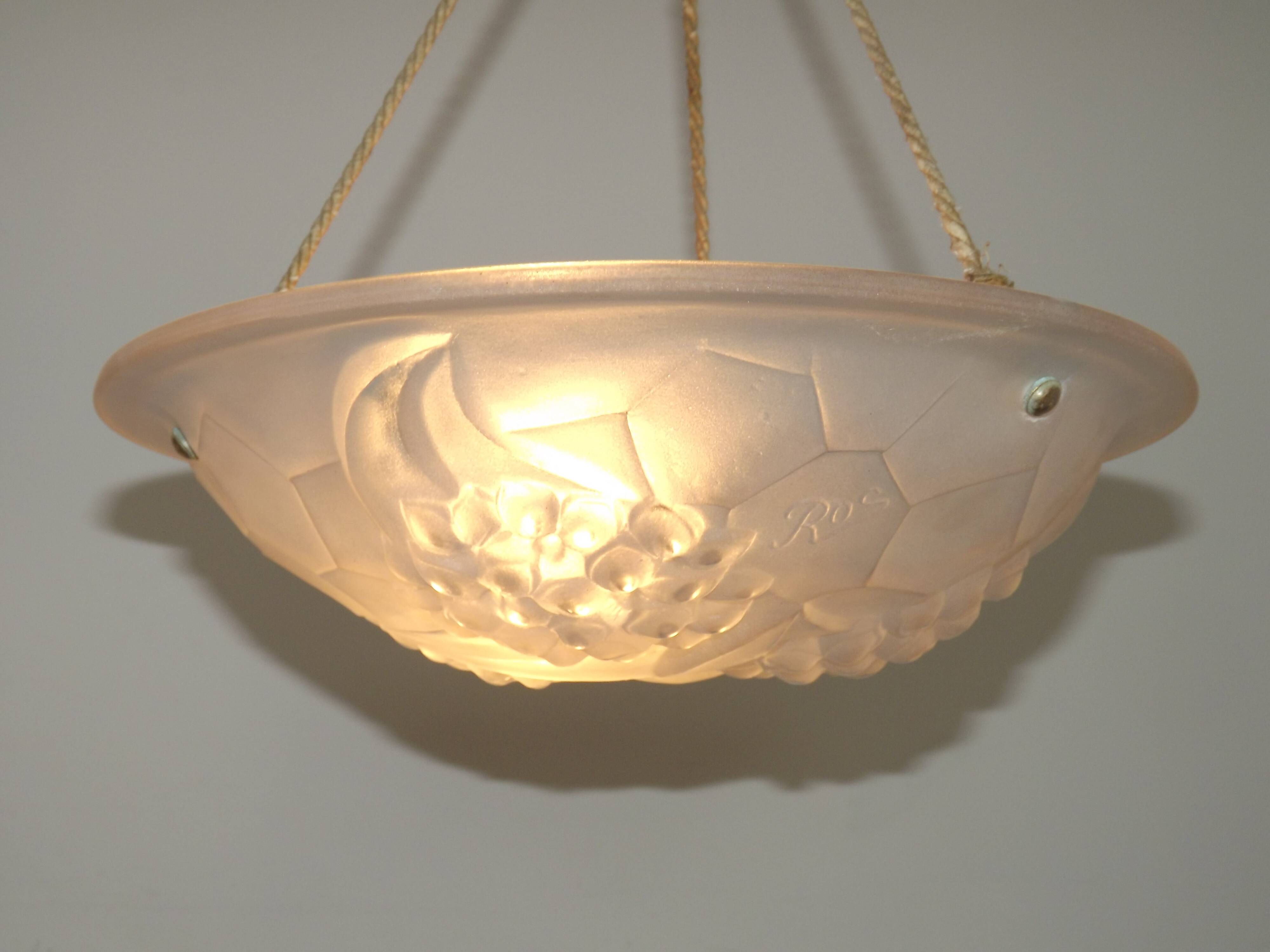 French Art Deco Ceiling Light ROS Degue Frosted Molded Glass Plafonnier