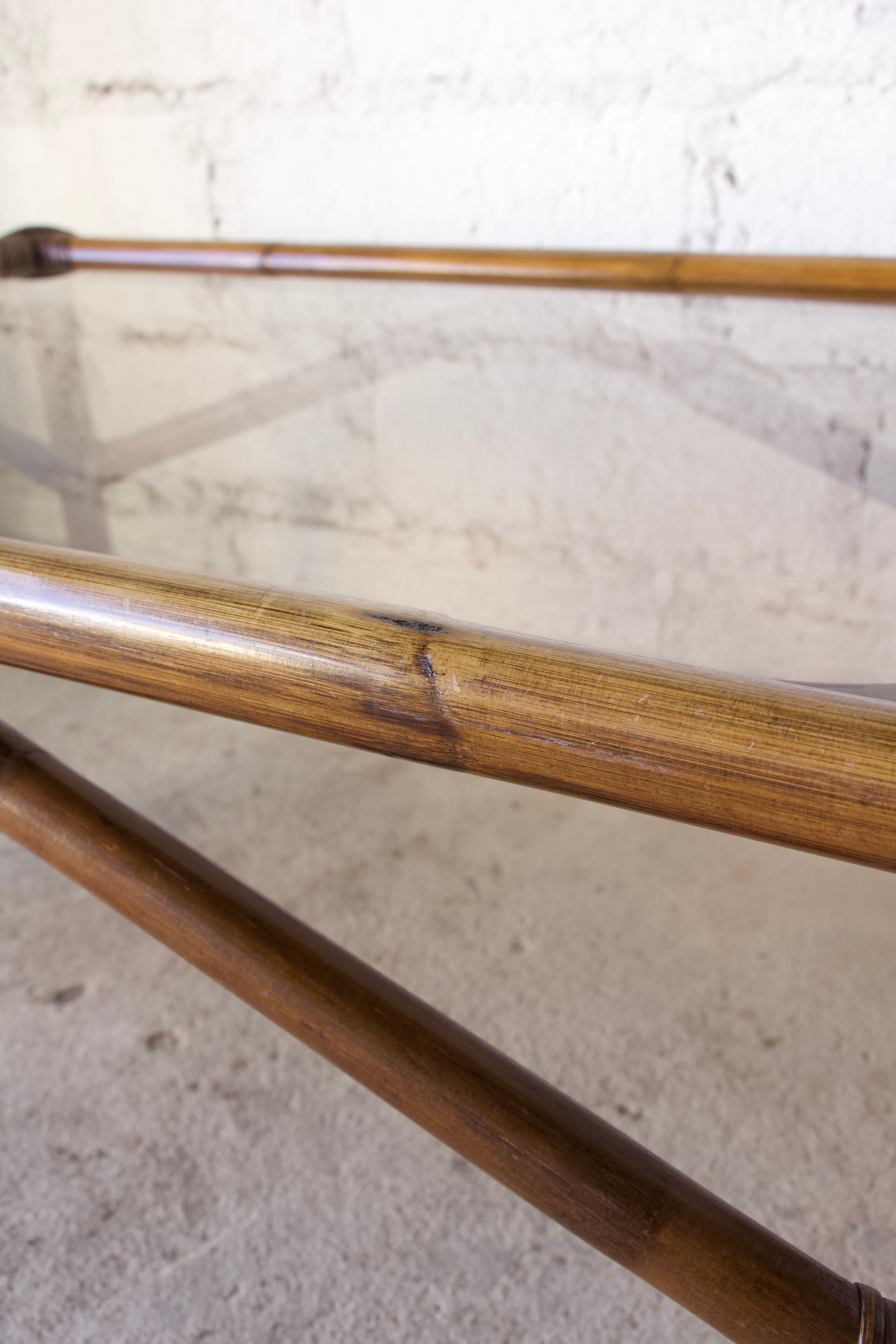 Rattan coffee table and vintage smoked glass top