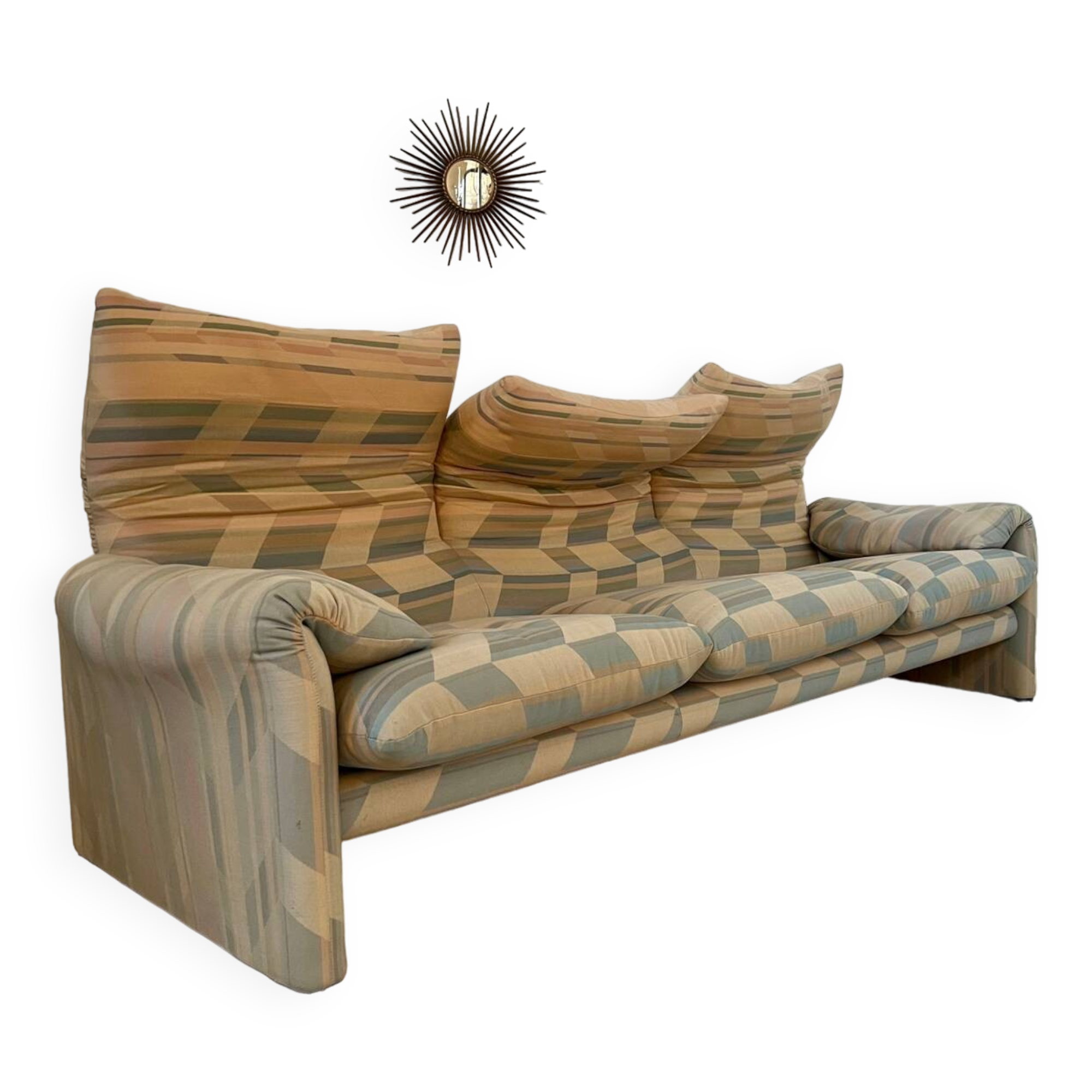 Ancien canapé Maralunga 3 places design italien des années 70 Cassina tissu patchwork