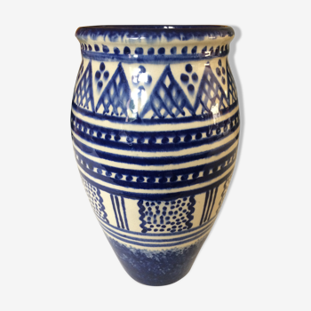 Vase céramique des années 50 bleu blanc peint main Henriot Quimper