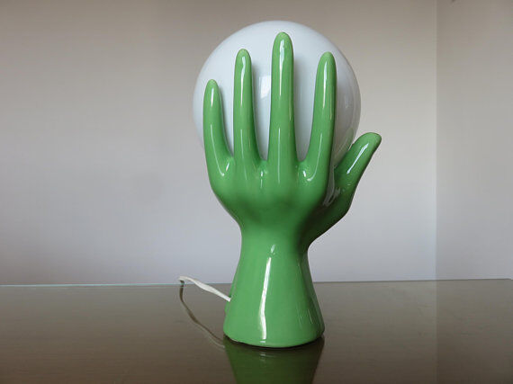 Hand green ceramic lamp and opaline white years 70
