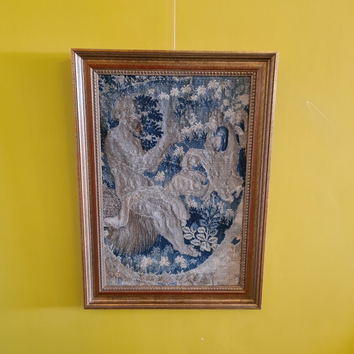 Tapestry, antique gobelin fragment man with dragons, XVIIIth century