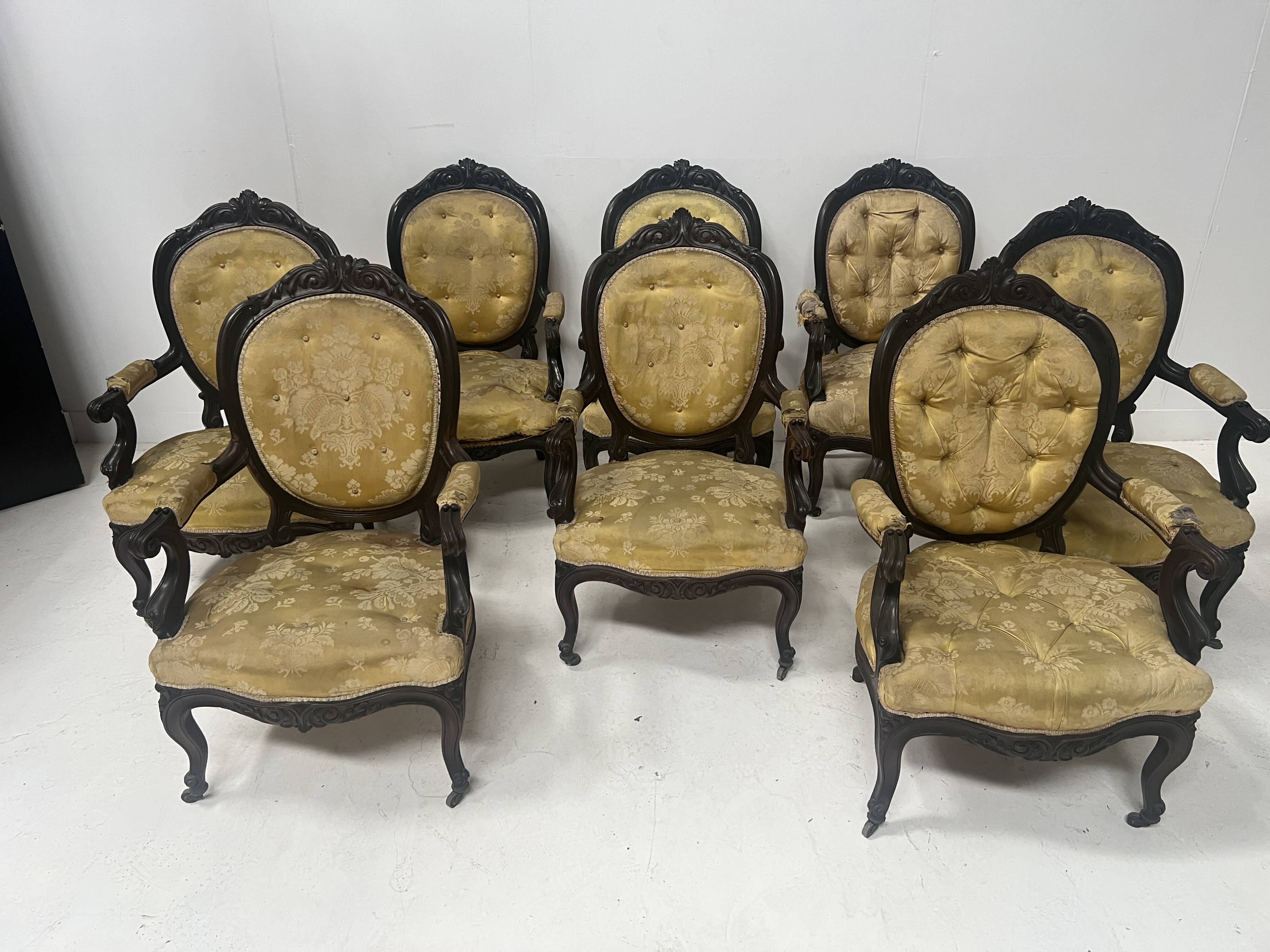 Set of eight Napoleon III style Louis XV armchairs in rosewood, 20th century.