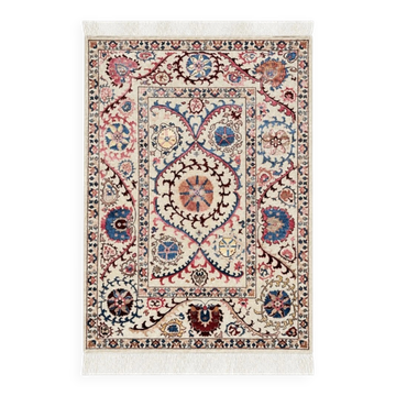Tapis décoratif fait main en laine et soie, tapisserie florale ivoire.