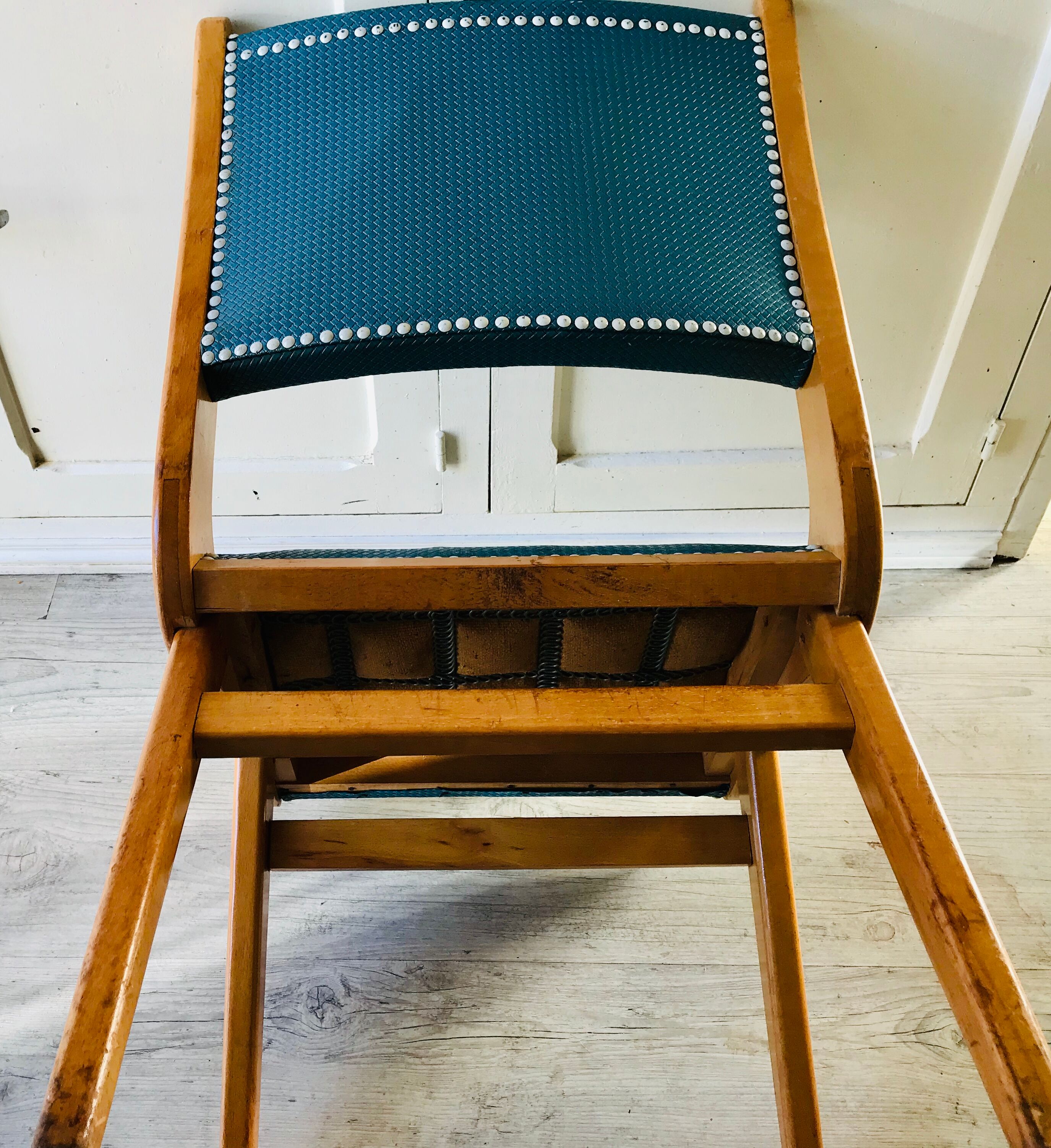 Vintage compass foot chair and studded blue skai