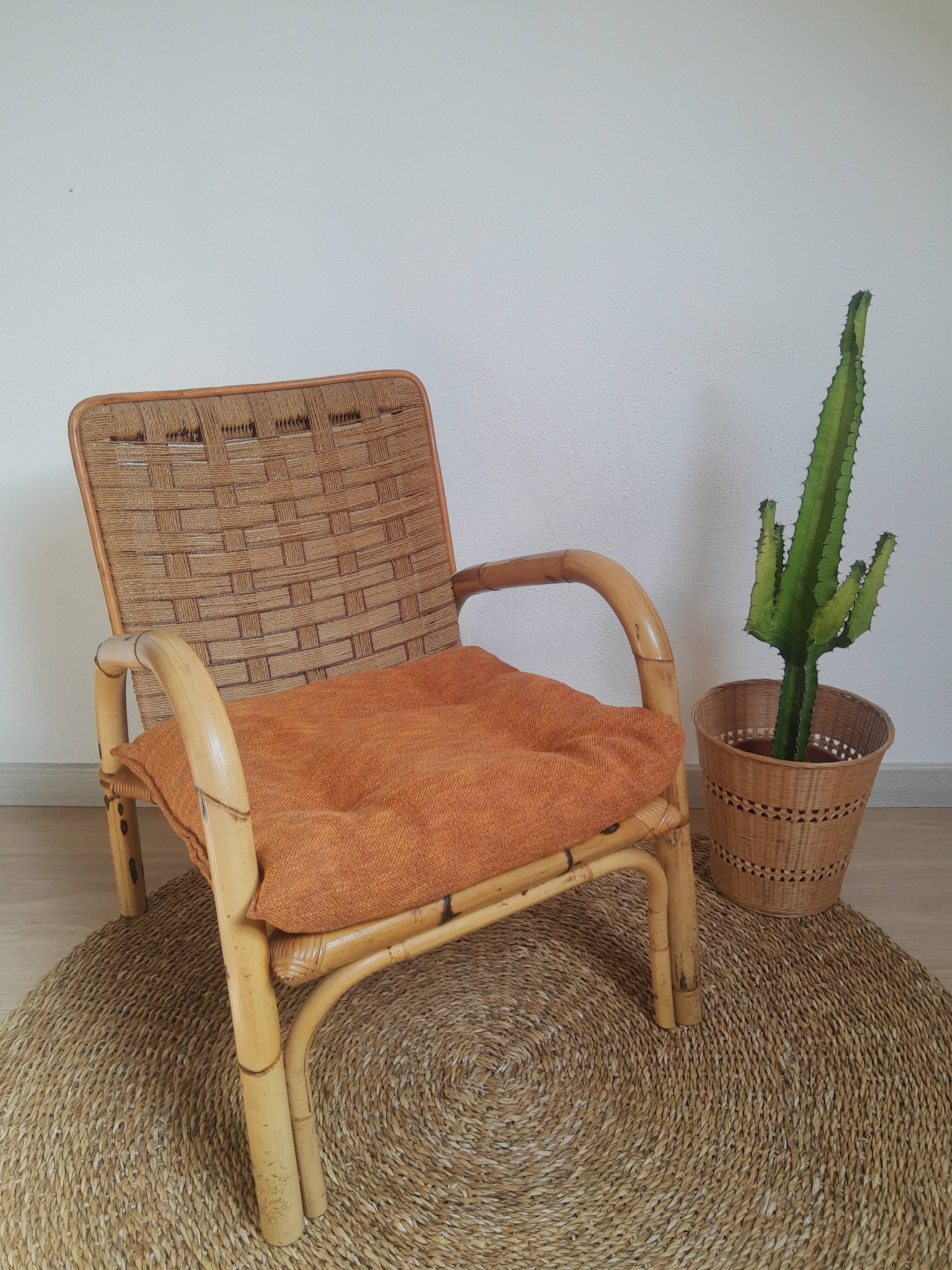 Vintage rattan and braided rope armchair