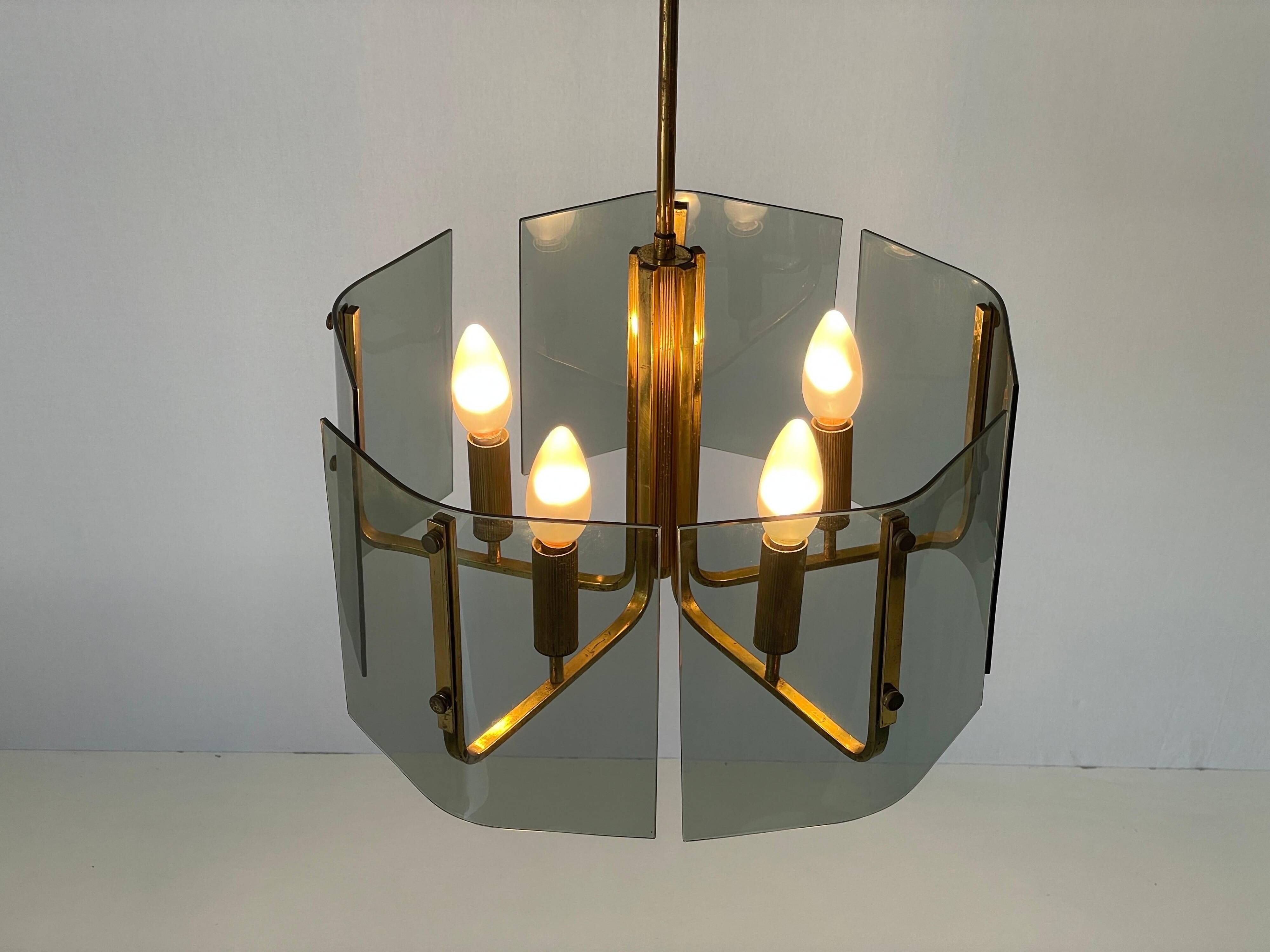 Grey glass chandelier with a brass body, 1960, Italy