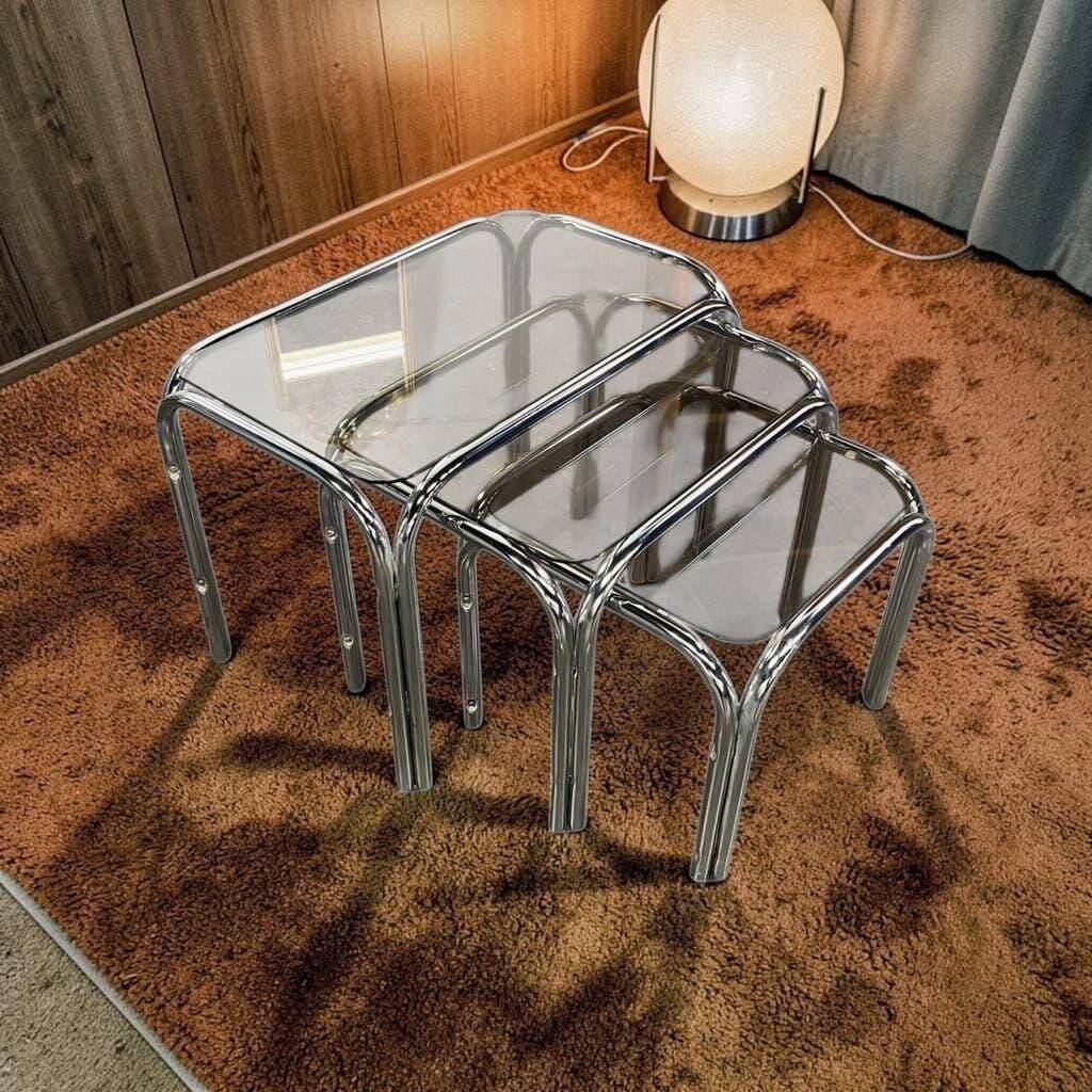 Set of 3 vintage chrome nesting tables / side tables.