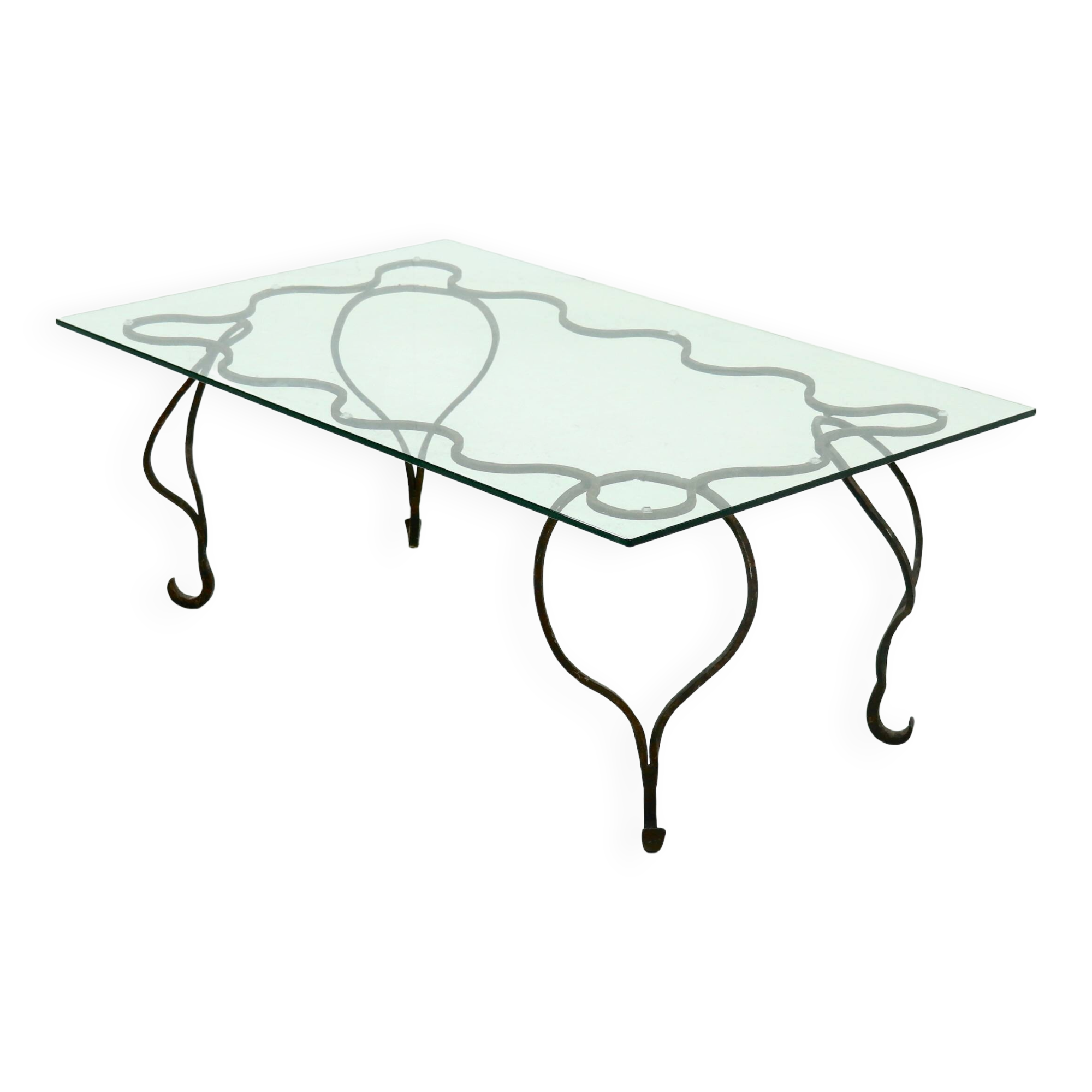 Coffee Table with Decorative Forged Steel Base and Glass Top 1960s
