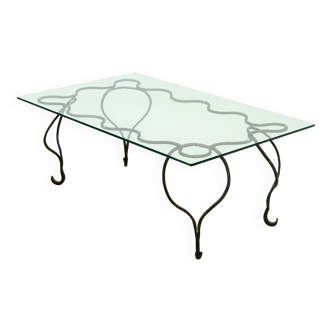 Coffee Table with Decorative Forged Steel Base and Glass Top 1960s