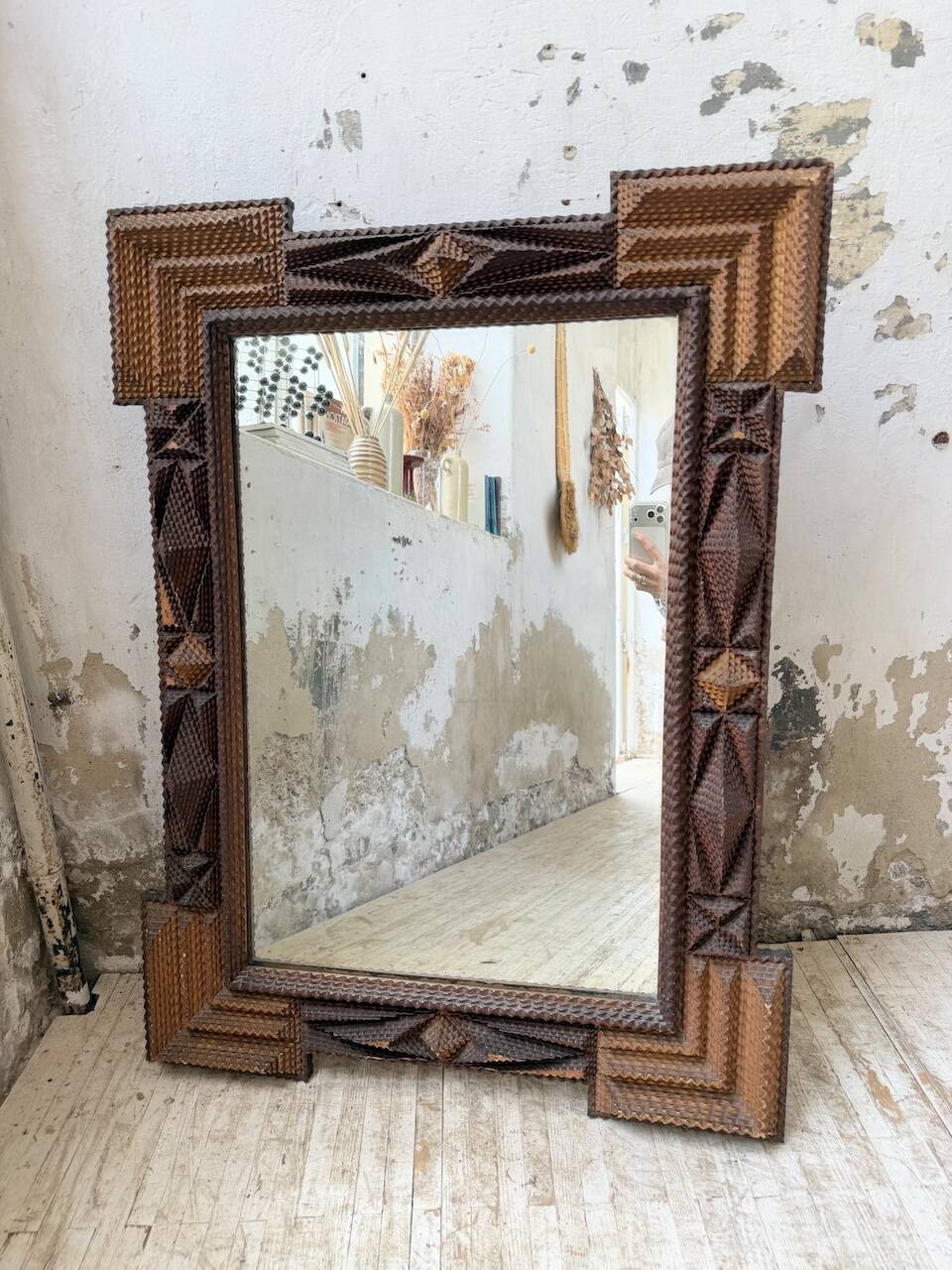 Tramp art mirror 1900 folk art France