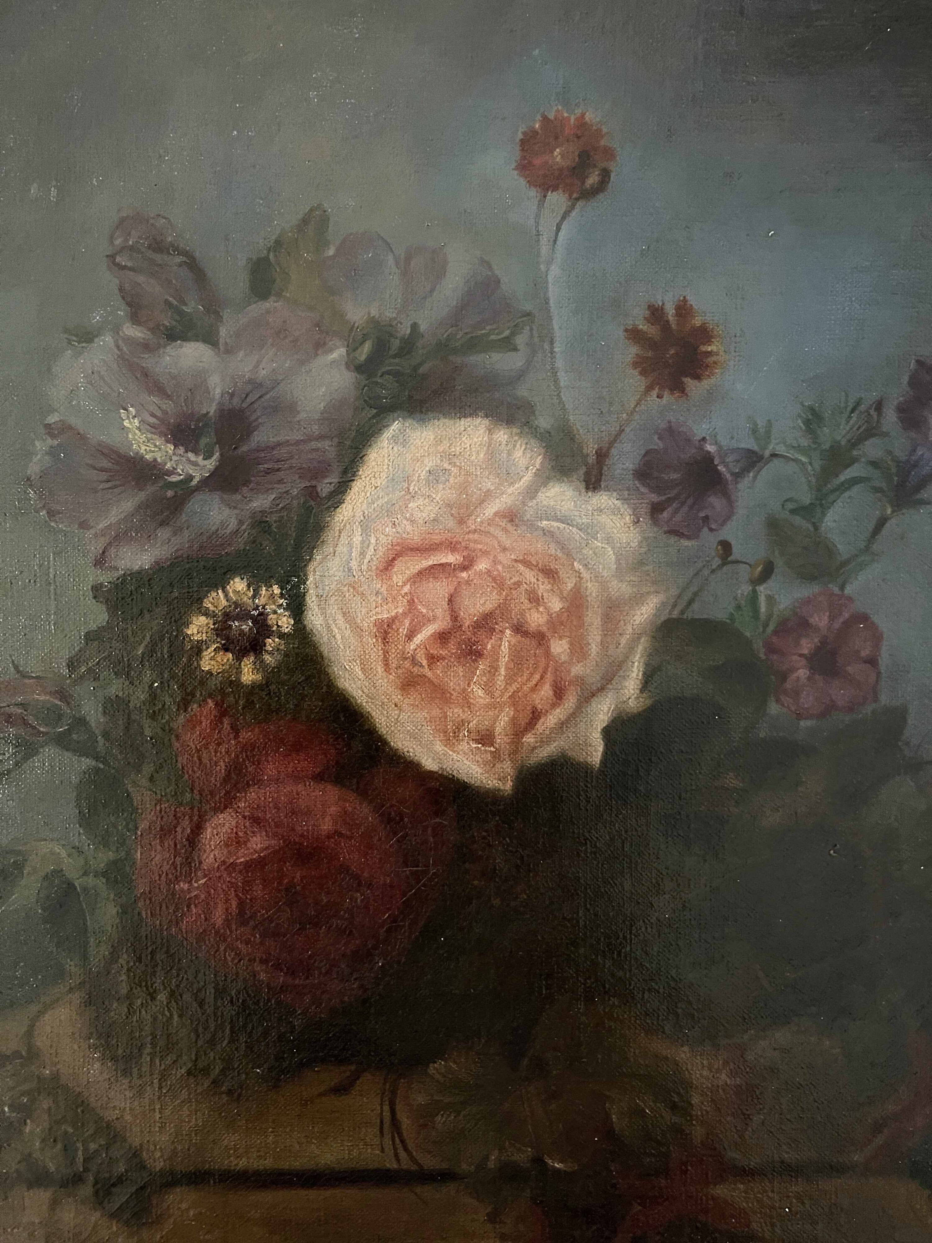 Tableau HST vers 1874 Jetée de fleur sur entablement signé + cadre