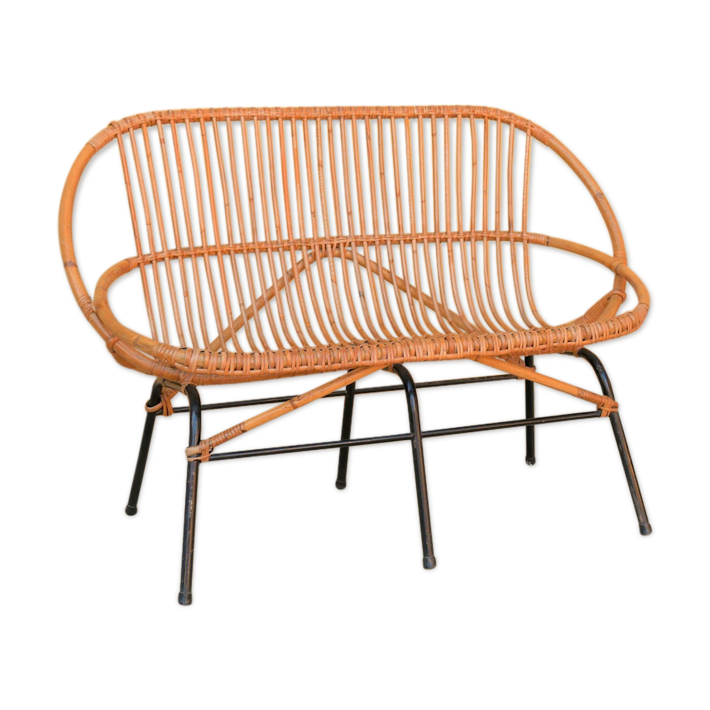 Vintage rattan bench feet metal