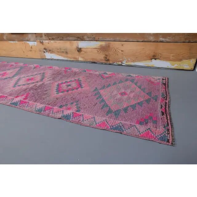 1970s Turkish handmade wool pink diamond runner 82x337