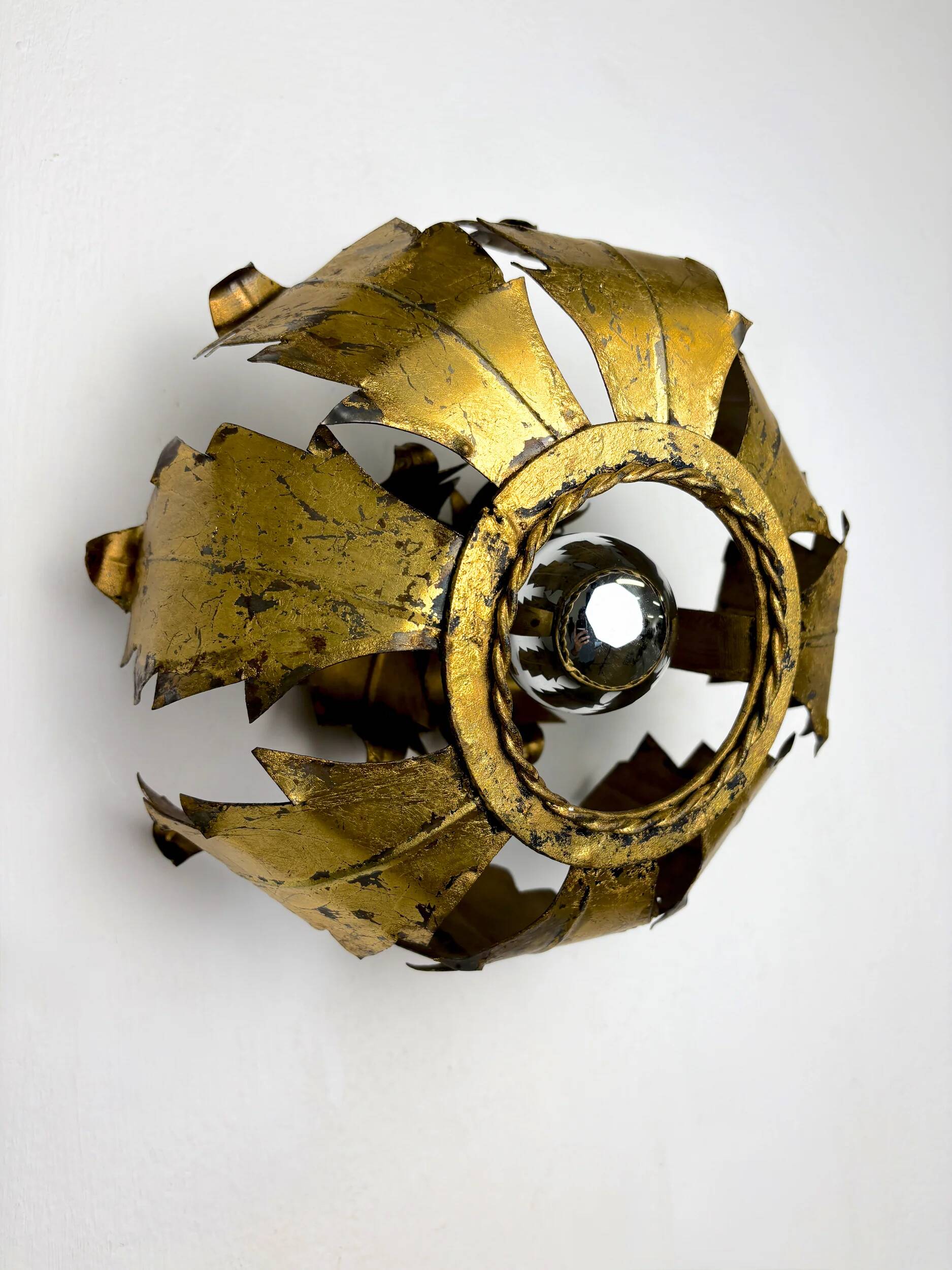 Spanish sunburst ceiling light fixture or sconce in gilt iron, 1970s