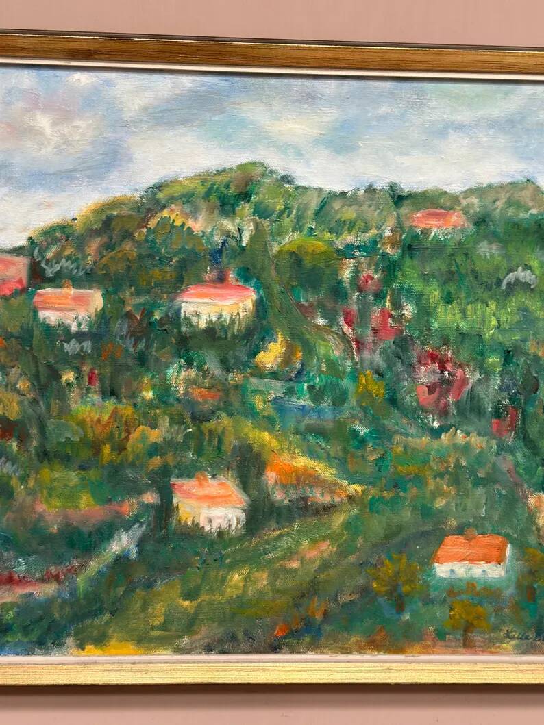 Original Swedish Oil on Canvas – “Hilly Landscape with Houses” by Lalla Blecher – Signed – Vintage & Framed