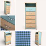 Vintage tall chest of drawers in raw wood and grey-blue from the 1950s.