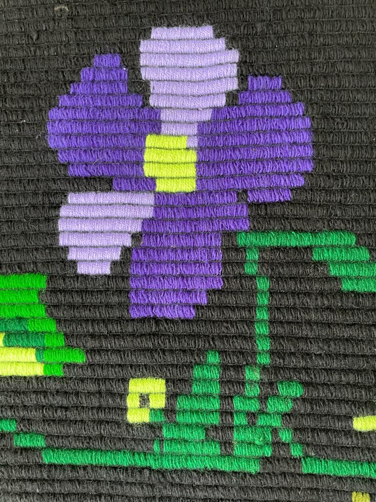 Floral handmade vintage rug, purple floral design with crochet border 145x174cm