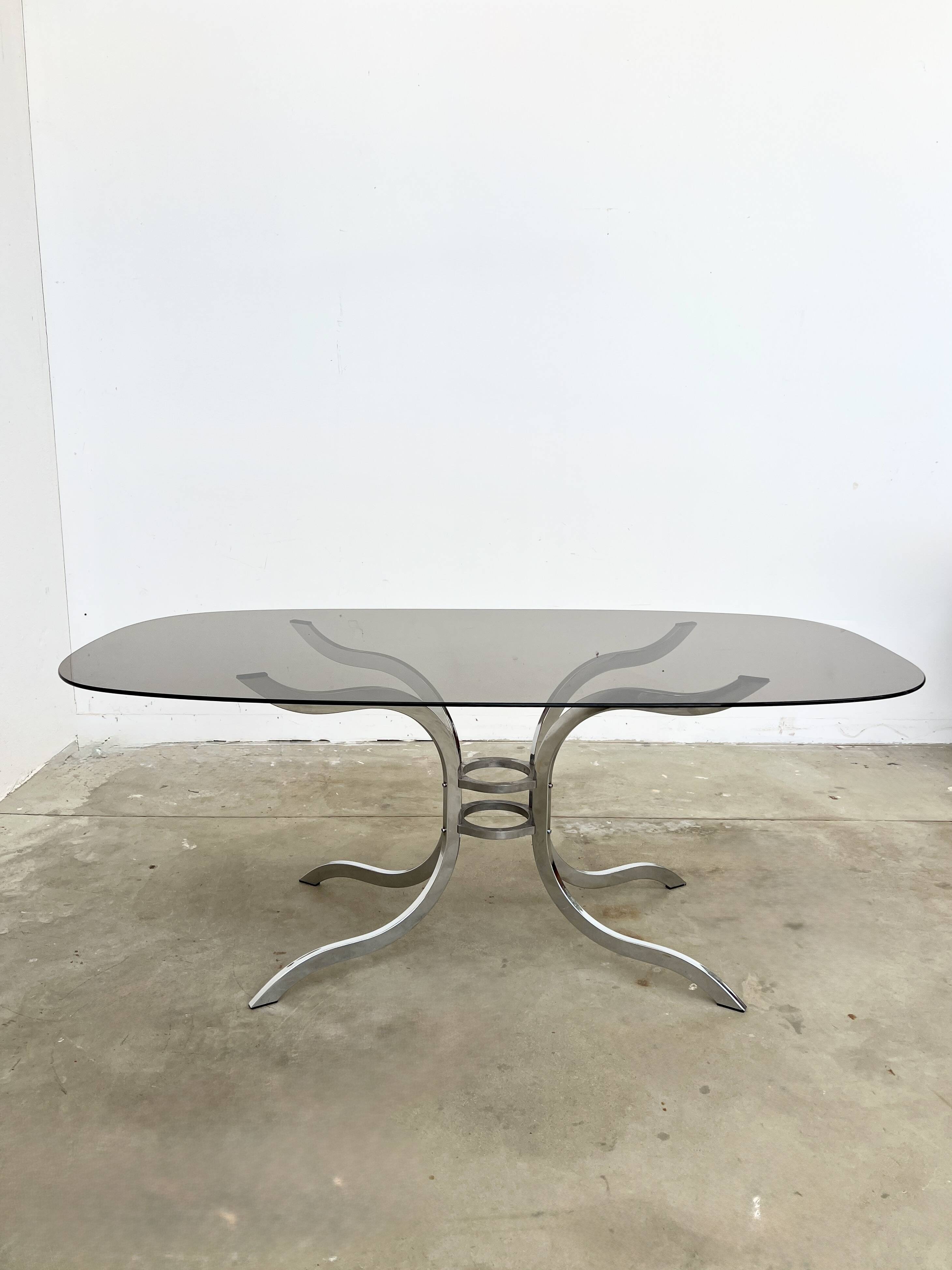 Oval smoked glass and chrome dining table, 1970s
