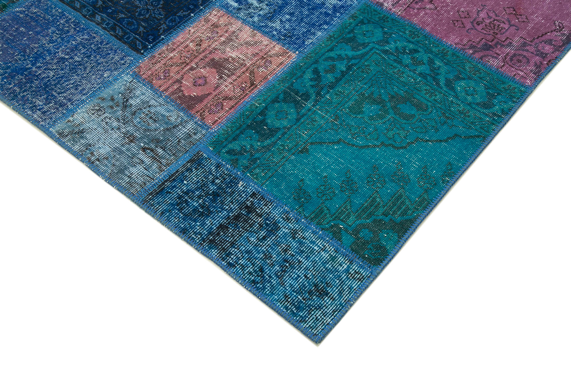 Handwoven oriental overdyed 200 cm x 295 cm blue patchwork carpet