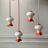 Ensemble de 4 suspensions tulipes en opaline orange dégradé fil orange et blanc années 70