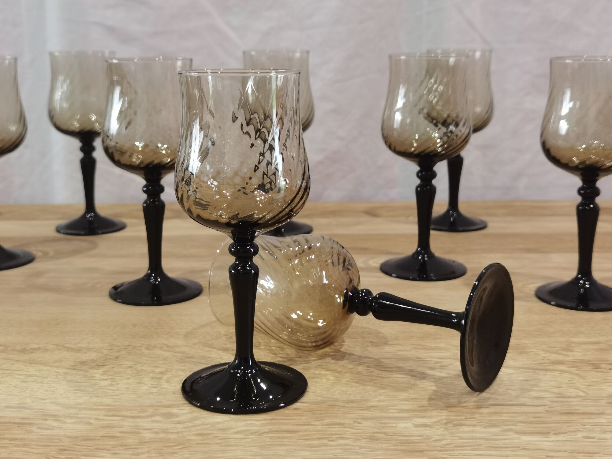 11 vintage black foot smoked twisted water glasses