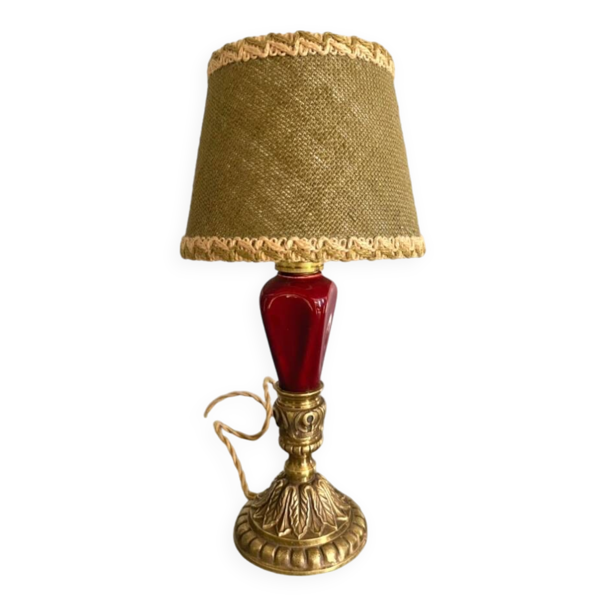 Lampe bronze, câble 2 M tissu neuf, abat-jour