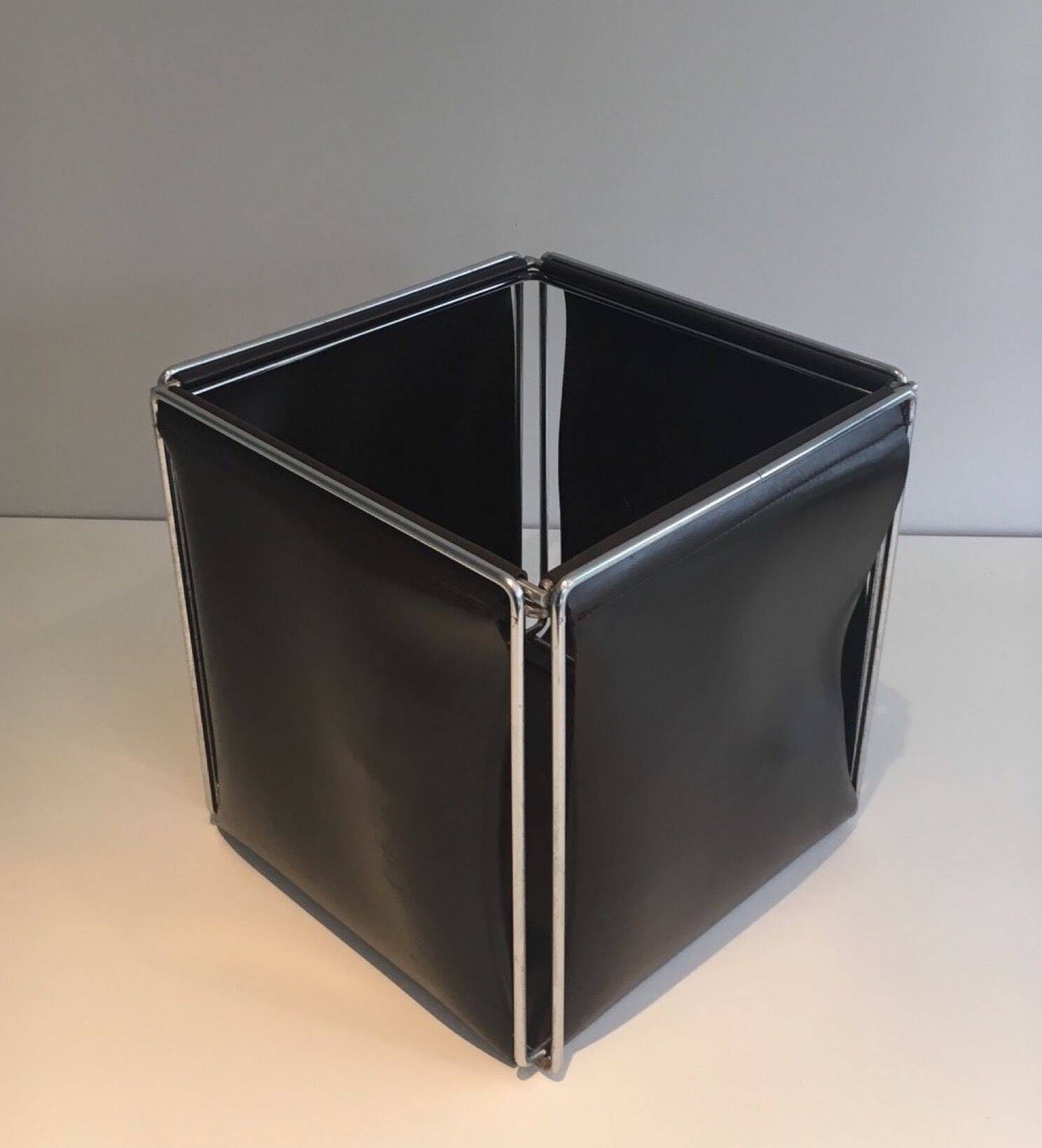 Chrome and faux leather wastepaper basket