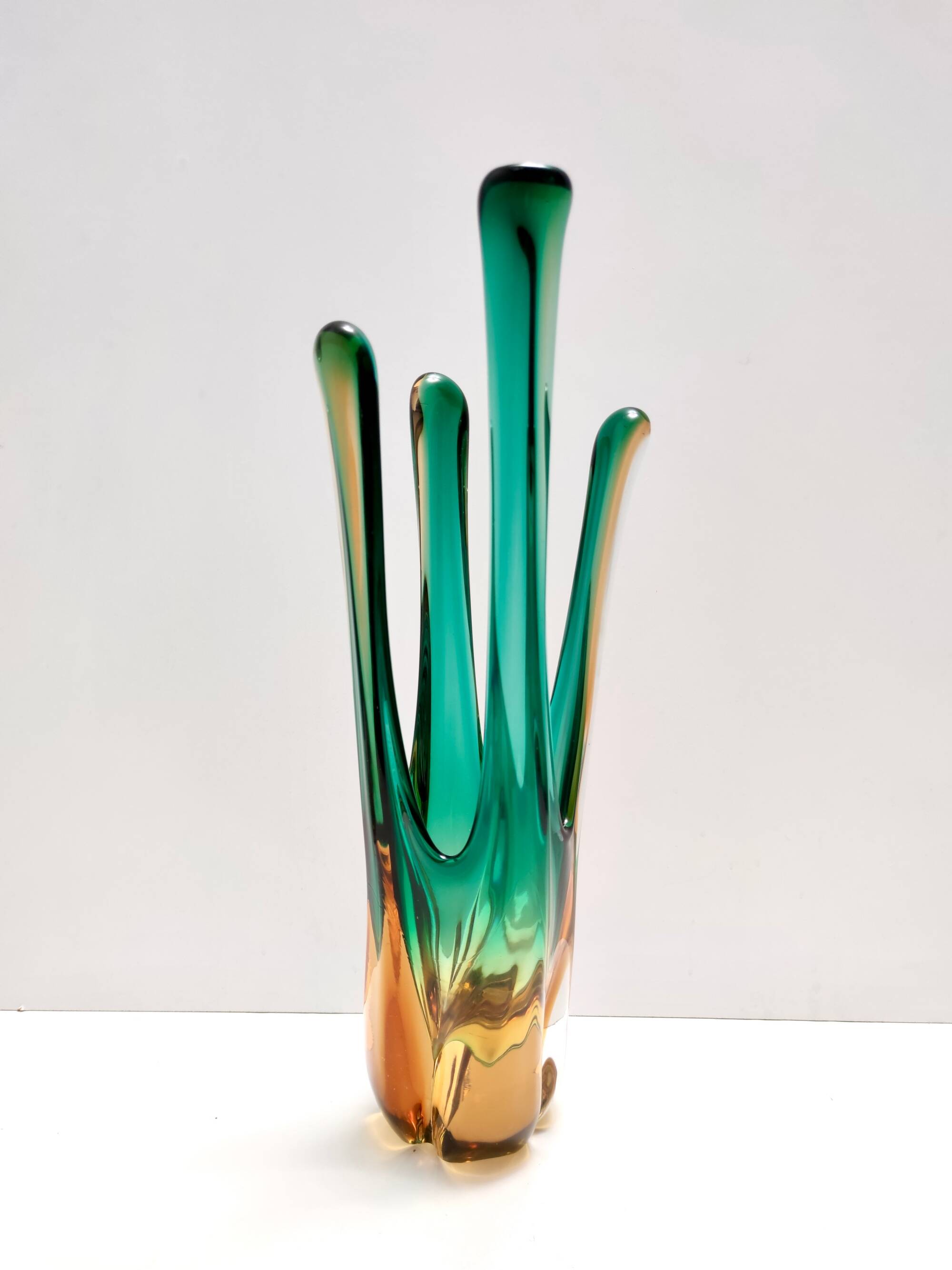 Green and Amber Murano Glass Centerpiece Vase, Italy