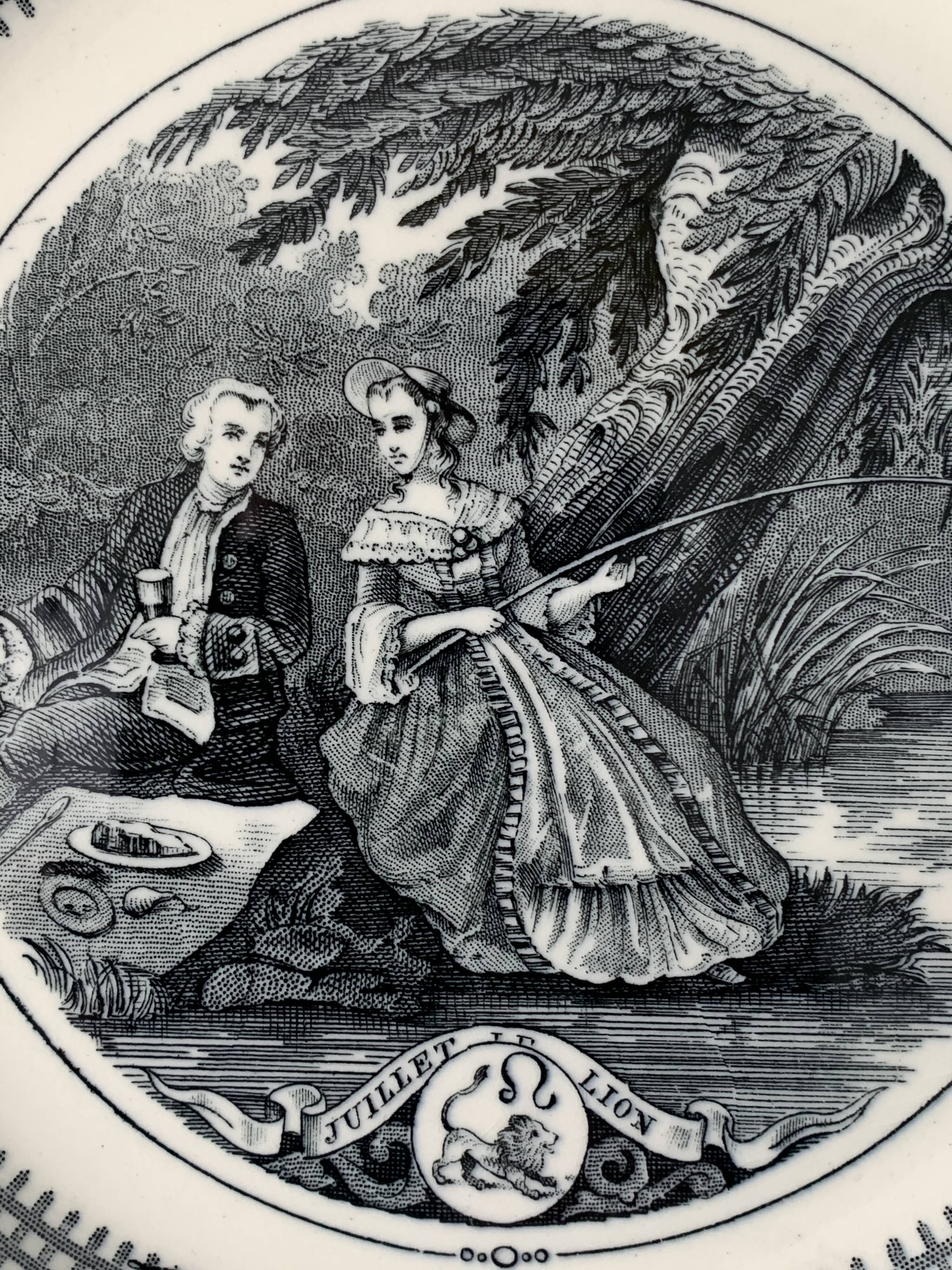 6 black dessert plates Old and Johnston Bordeaux 19th century astrology