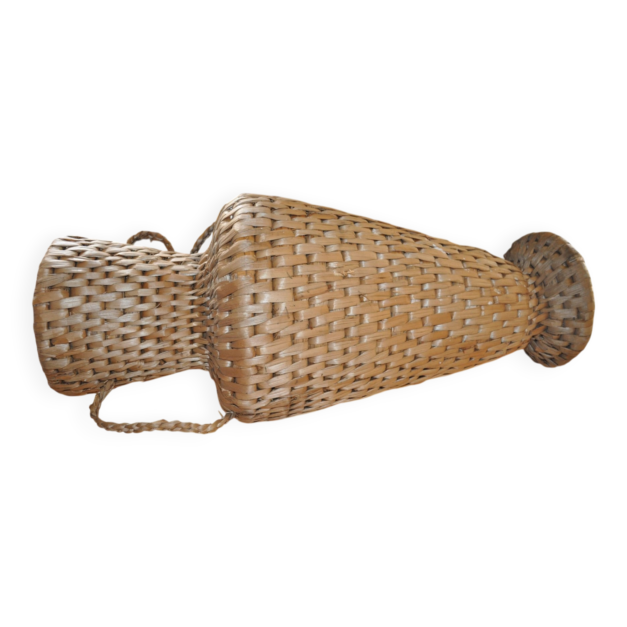Large beige (wheat) woven wicker floor vase, Mid-Century style from the 1940s.