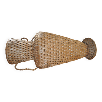 Large beige (wheat) woven wicker floor vase, Mid-Century style from the 1940s.