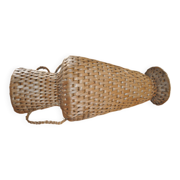 Large beige (wheat) woven wicker floor vase, Mid-Century style from the 1940s.