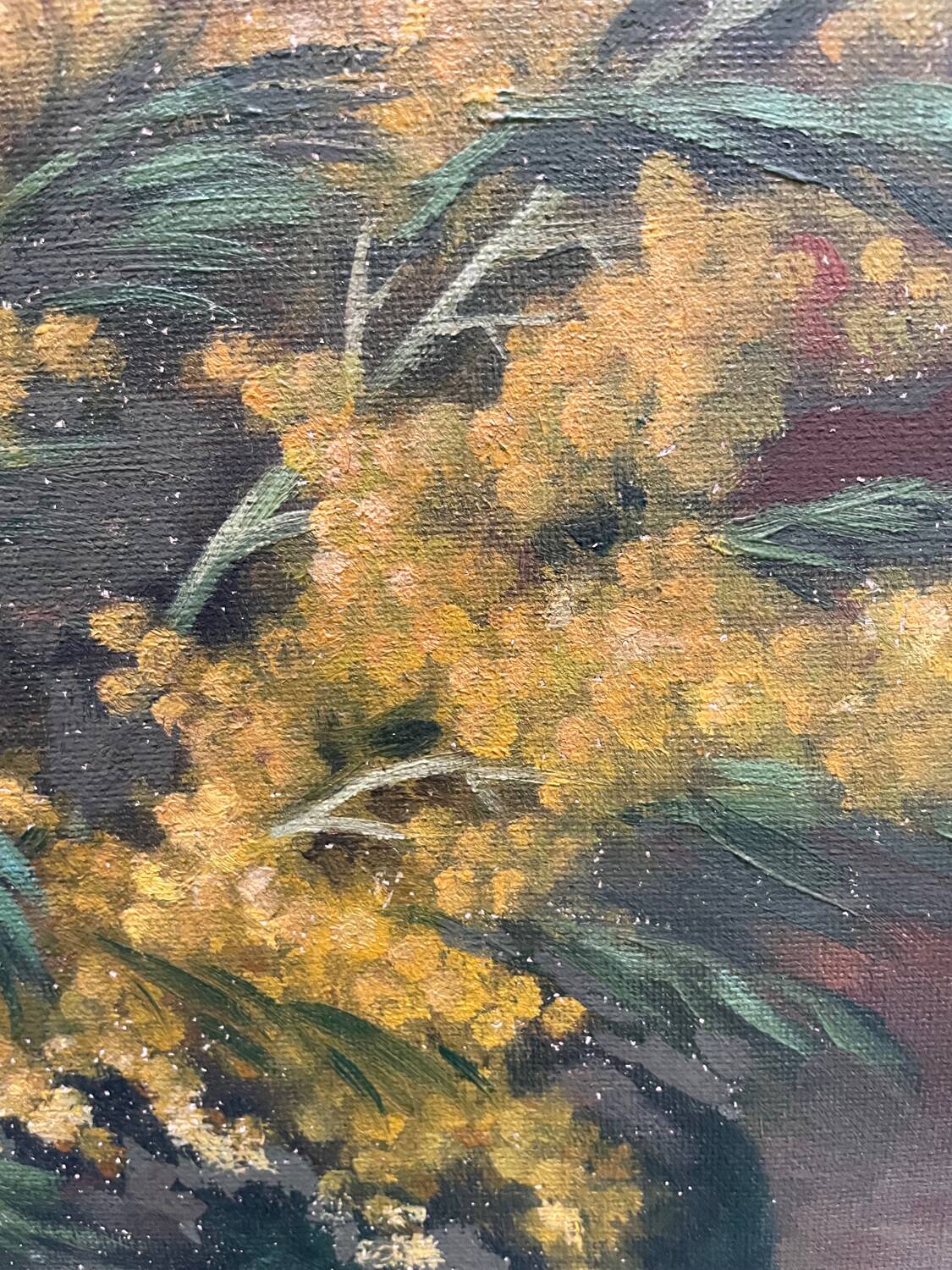 Still life painting with mimosa in the spirit of Kisling