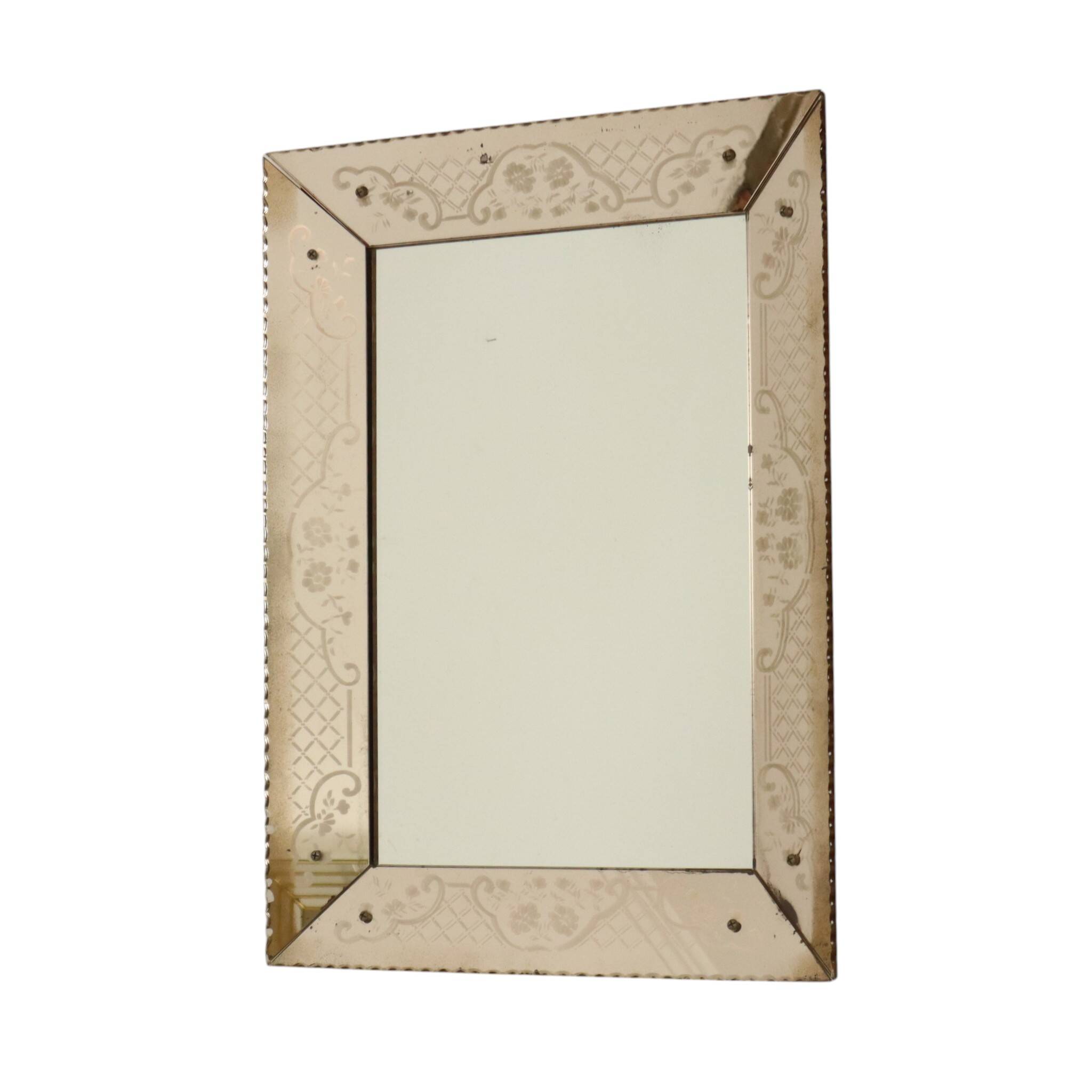 Large Venetian mirror, pink glass with engraved flowers, 77 cm